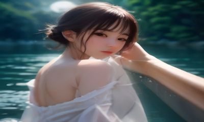 东亚水墨画风格插图，细雨中的女性剪影，柔和线条传达湿濡意象的古典美感